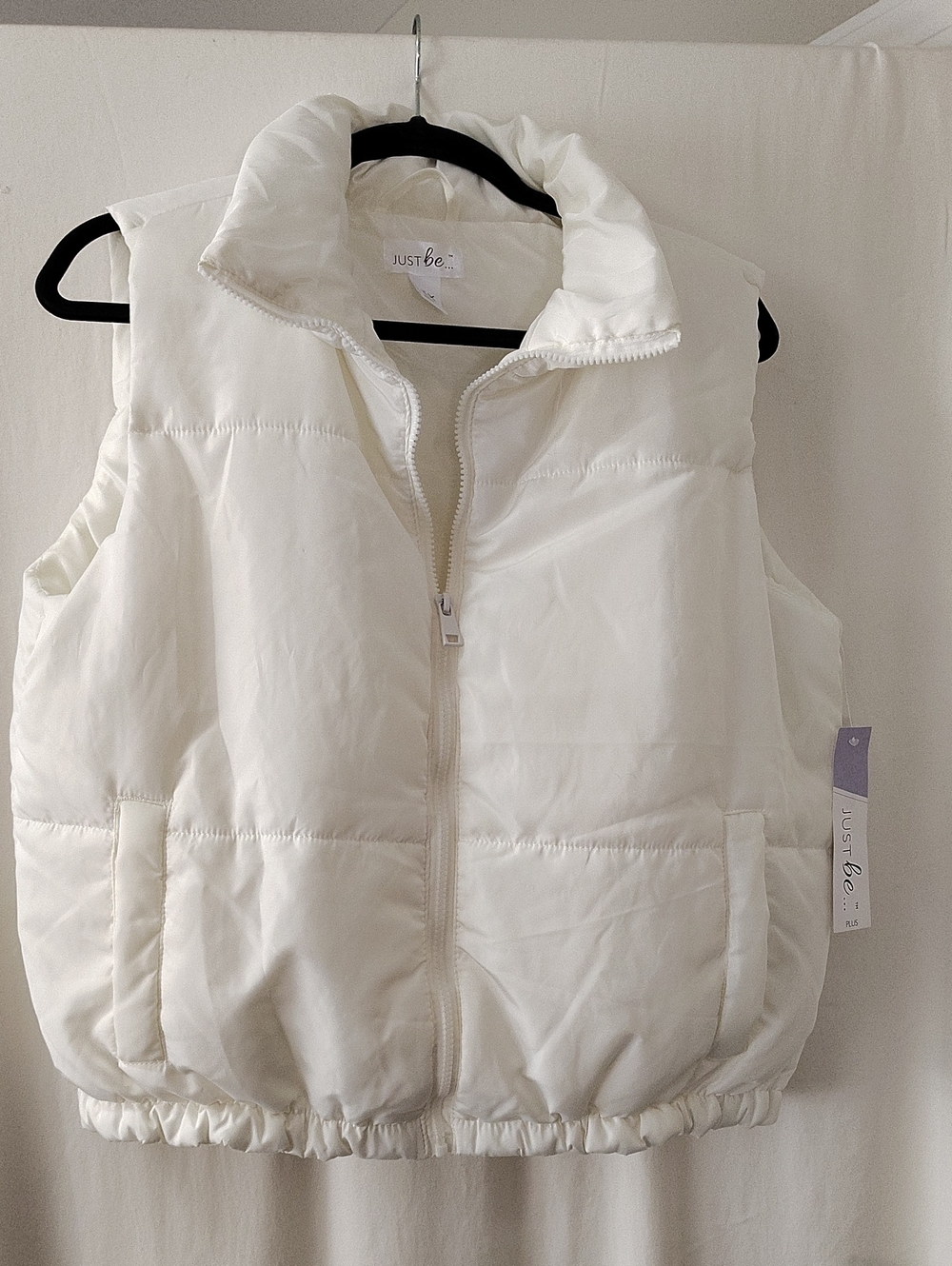 just be Cream Quilted Puffer Vest with Stand Collar
